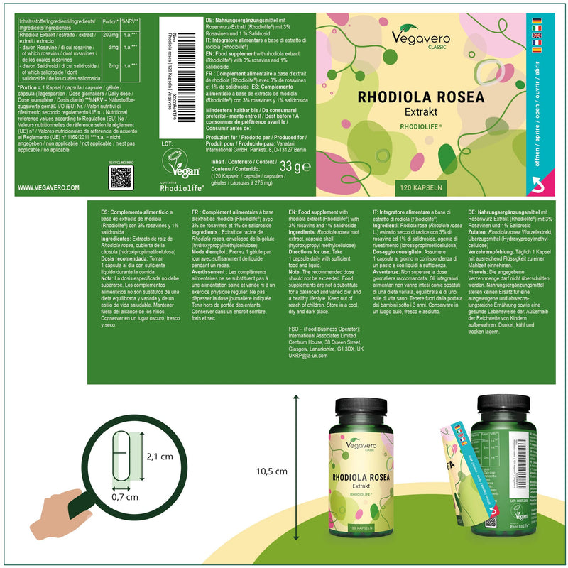 RhodioLife® Rosea Capsules Vegavero® Premium Raw Material RhodioLife® 3% Rosavin & 1% Salidroside Roseroot Extract 200 mg 120 Capsules Vegan - NewNest Australia