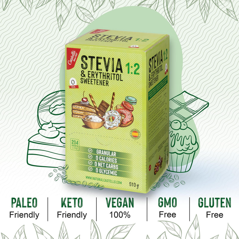 Stevia + Erythritol 1:2 Sweetener | 204 Bags Of 2.5G | 100% Natural Sugar Substitute - 0 Calories - 0 Glycemic Index - Keto And Paleo - 0 Carbohydrates - No Gmo - Castello Since 1907-510 G - NewNest Australia