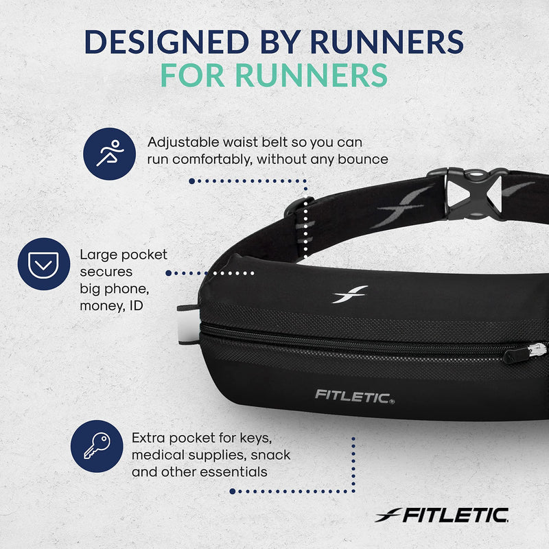 Fitletic - Bolt Running Pouch, Runners Pouch, Double Pocket Running Waist Belt, Waterproof, Adjustable, and Expandable, Running Accessories Black - NewNest Australia