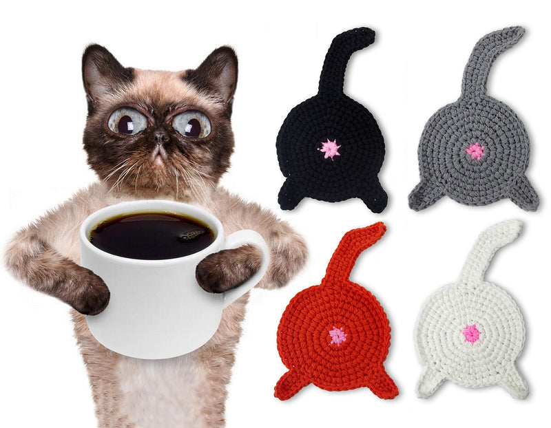 NewNest Australia - Crazy Cat Lady CAT Butt Crochet Drink Coaster Set Funny Cat Gifts for Cat Lover Gifts 