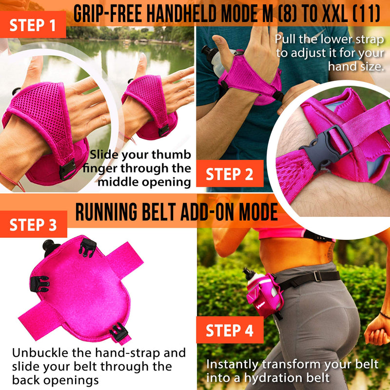 “2-in-1 Running Fun” - Handheld 12 Oz. Water Bottle & Running Belt Add-on - Straps Onto Your Hand or Slides on Belt! Waterproof Pocket Holds Money, Key, Gels – Maximises Your Time, Freedom and Health! Hot Pink - NewNest Australia