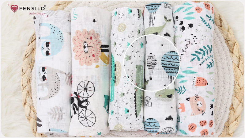 Fensilo Baby Burp Cloths - Muslin Cloths - Cloth Diapers - Pack Of 5 70 X 80 Cm Made In Eu, Tested For Harmful Substances - Burp Cloths Baby Boy Girl Cloth With Cat - Crocodile - White - F5/4 80 X 70 Cm (Pack Of 5) - NewNest Australia