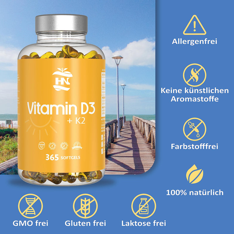 Vitamin D. (5000 IU) 365 Capsules Vitamin D3 + K2 High Dose Supports Immune and Bone Function High Concentration Antioxidants Antifettiga Soft Capsules Premium - NewNest Australia