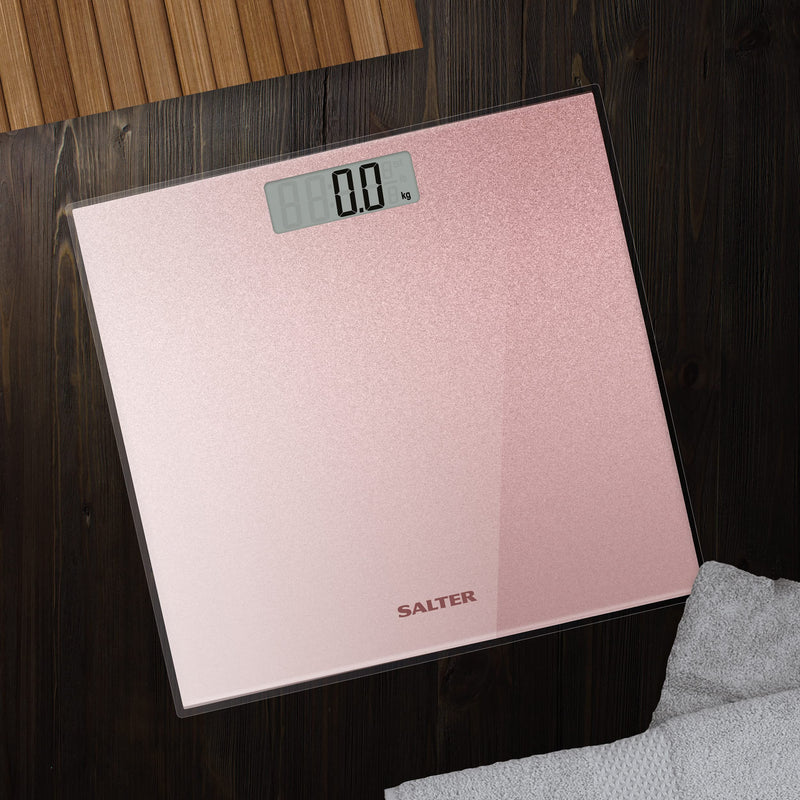 Salter 9037 Rggl3R Digital Bathroom Scales - Electronic Body Weight Scale, Tempered Glass Platform, Easy To Read, Instant Weight Measurement, 180 Kg Capacity, Rose Gold Glitter - NewNest Australia
