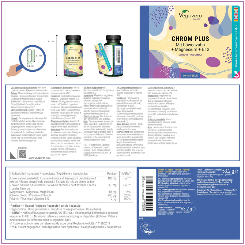 Chrome capsules | High dosage: 250 μg Chromium Picolinate & LYNSIDE® | With magnesium, B12, dandelion | For blood sugar levels* | German production of Vegavero® | Without additives | 90 capsules - NewNest Australia