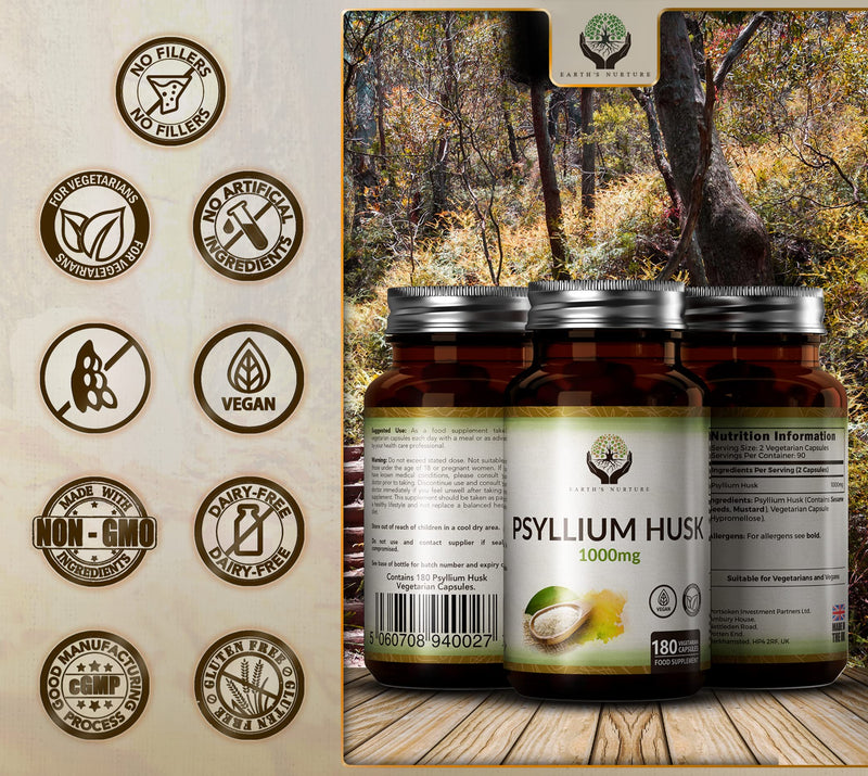 EN Psyllium Husk Capsules 1000mg per Serving | 180 Vegan Capsules | Fibre Supplement from Physillium Husks Powder | No Other Ingredients or Fillers | Perfect for Keto Flour | Non GMO, Made in The UK - NewNest Australia