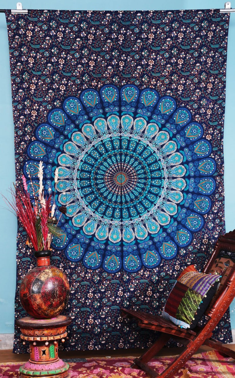 NewNest Australia - Bless International Indian Hippie Bohemian Psychedelic Peacock Mandala Wall Hanging Bedding Tapestry (Blue Green, Twin(54x72Inches)(140x185cms)) Blue Green Twin(54x72Inches)(140x185cms) 