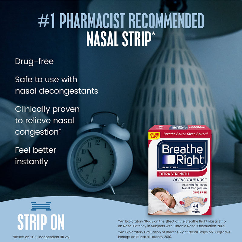 Breathe Right Extra Strength Tan Nasal Strips, Nasal Congestion Relief due to Colds & Allergies, Reduces Nasal Snoring caused by Nasal Congestion, Drug-Free, 44 count - NewNest Australia