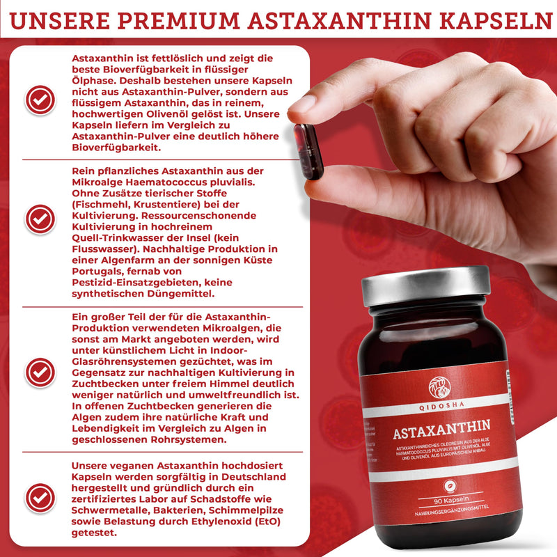 QIDOSHA® Astaxanthin 12mg from EU raw materials, 12mg astaxanthin per capsule plus olive oil, 90 capsules in a glass, vegan astaxanthin, high-dose liquid astaxanthin from Portuguese algae farming - NewNest Australia