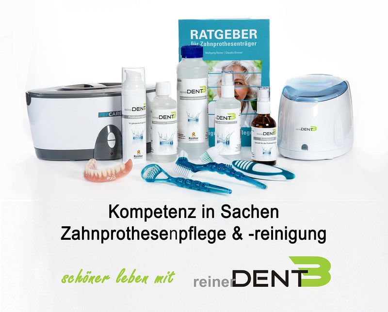 reinerDENT3 Dental ultrasonic cleaning device - including denture brush + 50ml free sample ReinerDENT3 denture cleaner + 32-page guide for denture wearers - the dentist recommendation with 2 year guarantee - NewNest Australia