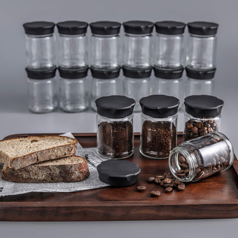 NewNest Australia - Mini Glass Jars with Black Lids 4 pcs Food Storage Jar Kitchen Canister Small Coffee Tea Spice Storage Jar Set(4 Ounce) (for Vkchef/VEVOK CHEF Manual Coffee Grinder Use) 