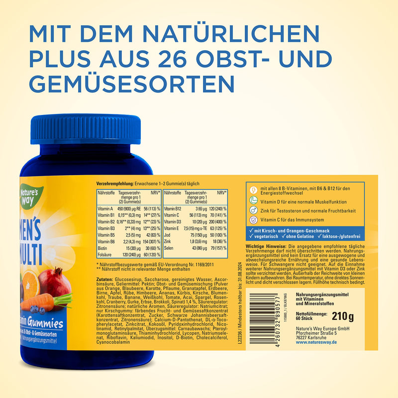 Nature'S Way Men'S Multivitamin Gummies - Az Vitamins For Men High Dosage - Strengthen Immune System Adults With Vitamins D3 B6 B12 Zinc Selenium Folic Acid - Vegetarian Vitamin Gummy Bears - 60 Pieces - NewNest Australia
