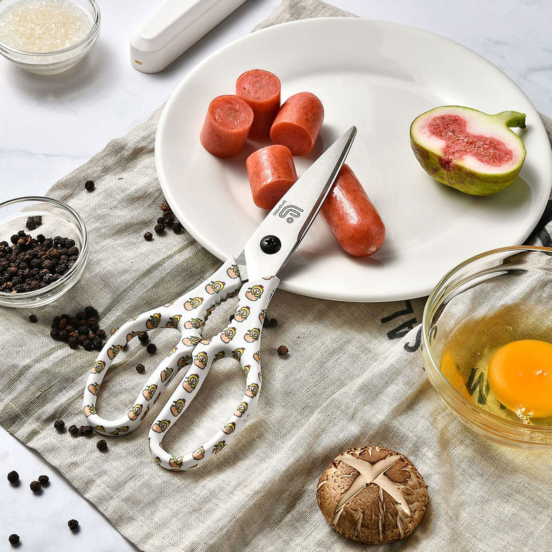 Linoroso Heavy Duty Kitchen Scissor Ultra Sharp Utility Scissors with Cover, Cooking Cutting Stainless Steel Food Shears for Meat Poultry Fish Chicken Pizza Vegetables Herbs BBQ Nuts - Chick Graphic White/Chick - NewNest Australia