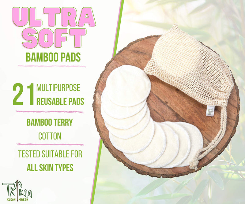 TRIBOO (21-Pack) Reusable Cotton Pads, Super Soft Bamboo Cotton Wool Pads, Reusable Makeup Remover Pads with Skin Care Hacks E-Book, Large Cotton Wool Pads for Face, Reusable Breast Pads & Baby - NewNest Australia
