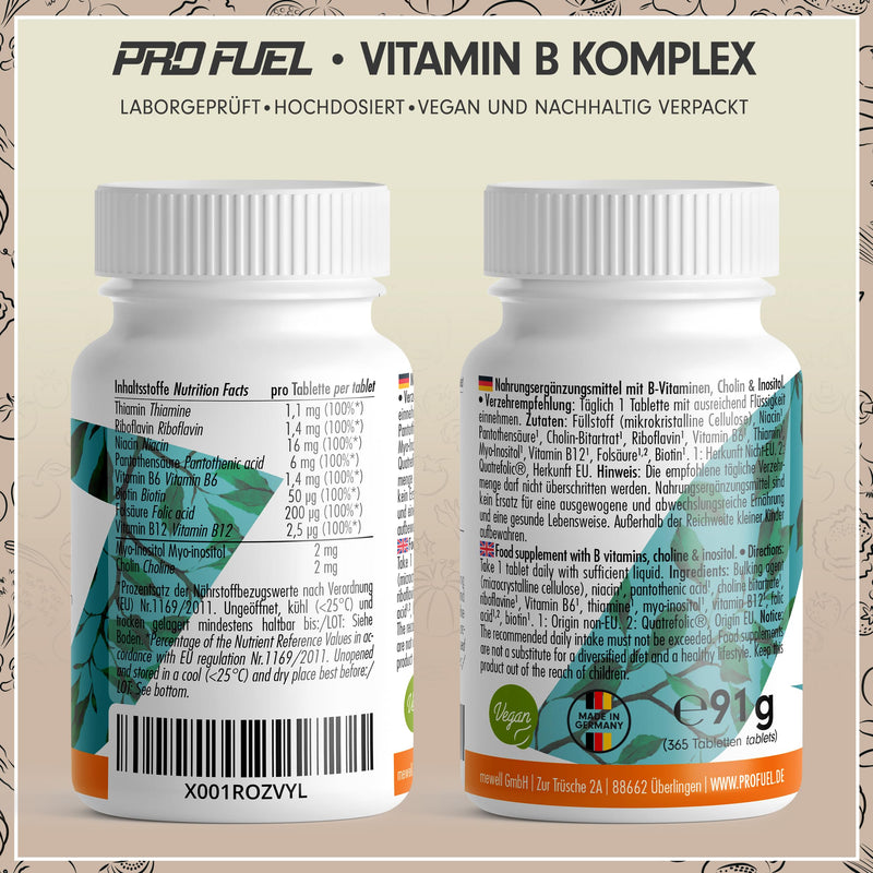 Vitamin B Complex 365 Tablets - B Complex With B12 - All 8 B Vitamins (B1, B2, B3, B5, B6, B7, B9, B12) With Active Forms Such As Quatrefolic, Co-Factors Choline & Myo-Inositol, Laboratory Tested, - NewNest Australia