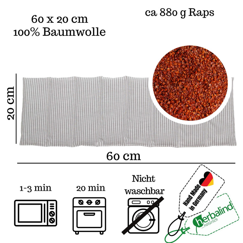 HERBALIND 8-chamber grain pillow shoulder neck 60x20 cm in stripes/gray - heat pillow microwave 100% cotton OEKO TEX - cuddly thanks to rapeseed, rapeseed filling pillow for stomach back 60x20 cm (pack of 1) 8-chamber / rapeseed / gray - NewNest Australia
