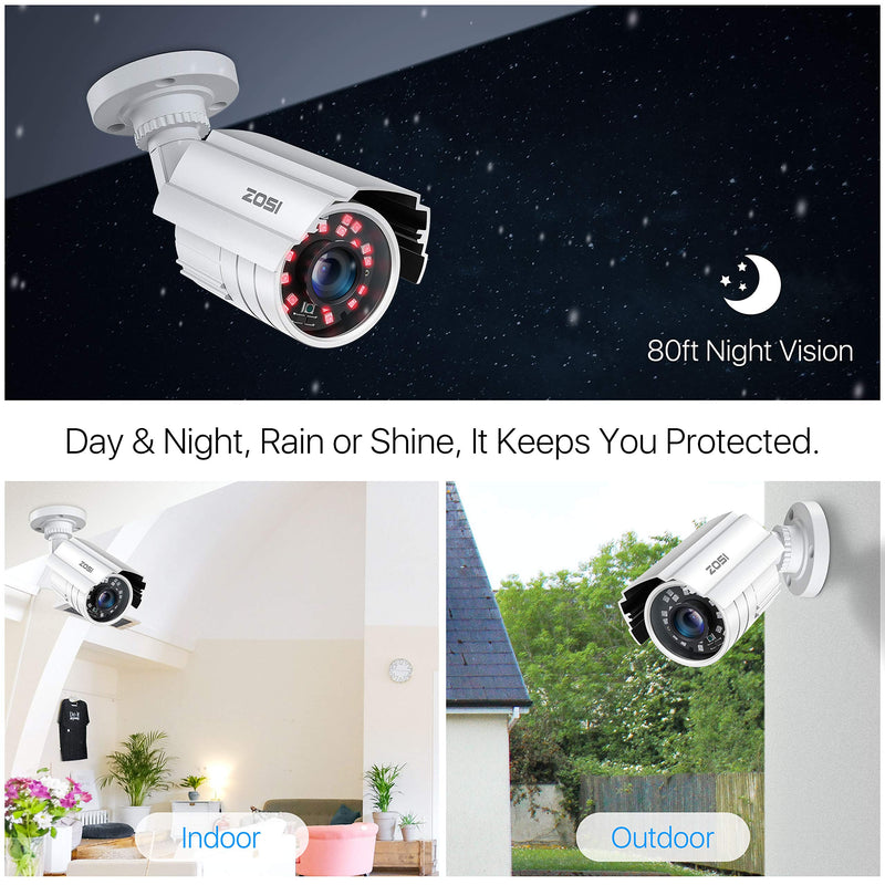 ZOSI 2MP HD 1920TVL Outdoor Indoor Security Camera 1080p (Hybrid 4-in-1 HD-CVI/TVI/AHD/960H Analog CVBS), 24PCS LEDs, 80ft IR Night Vision, Weatherproof Surveillance CCTV Bullet Camera 1 Camera - NewNest Australia