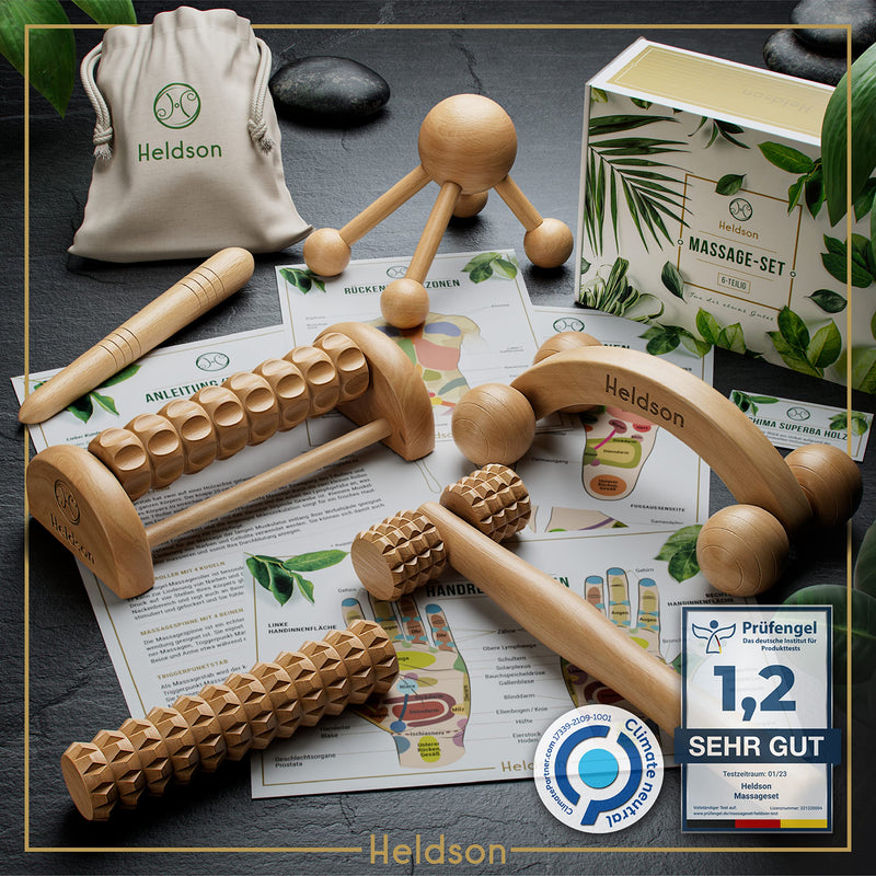 Heldson Premium Wooden Massage Set [Set Of 6] Including German Instructions And Double-Sided Cards With Cotton Bag - Massage Roller Trigger Point Massager Foot Massage Roller - NewNest Australia