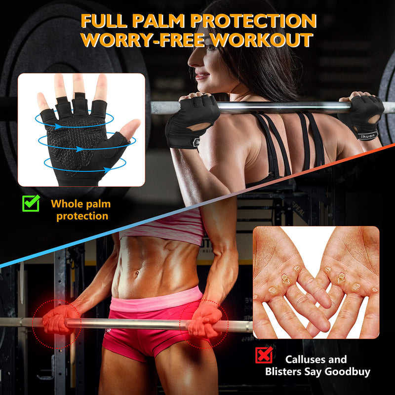 ihuan New Breathable Workout Gloves for Women & Men - No More Sweaty & Full Palm Protection Gym Exercise, Fitness, Weightlifting, Pull-ups, Deadlifting, Rowing Black Medium - NewNest Australia