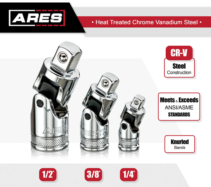 ARES 70197 - 3-Piece Universal Joint Socket Set - Includes 1/4-Inch, 3/8-Inch, and 1/2-Inch Drive U-Joints - Storage Rail Included - NewNest Australia