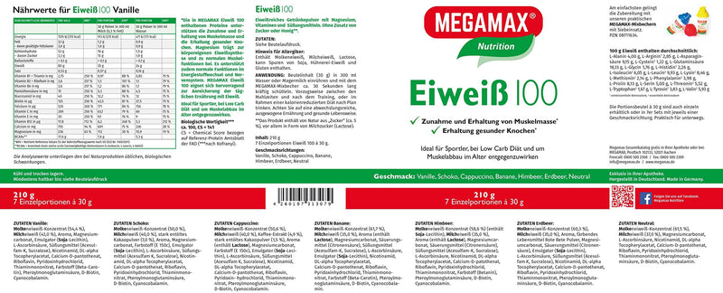 Megamax Protein 100 Powder. Introductory Set. Contents: 7 X 30 G. Ideal For Athletes And Nutrition-Conscious People. 7 Different Flavors To Try. Production In Germany. - NewNest Australia