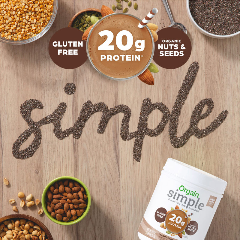 Orgain Simple Organic Plant Protein Powder, Chocolate - 20g of Protein, Vegan, Made with Fewer Ingredients and Without Dairy, Gluten and Stevia, Kosher, Non-GMO, 1.25 Lb (Packaging May Vary) - NewNest Australia