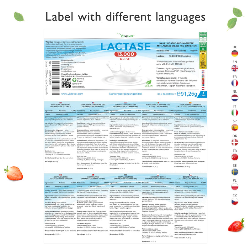 Lactase 13,000 Depot - 365 tablets with depot effect (Sepismart® Slow Release) - High dosage with 13,000 FCC units - For lactose intolerance + milk intolerance - Without unwanted additives - NewNest Australia