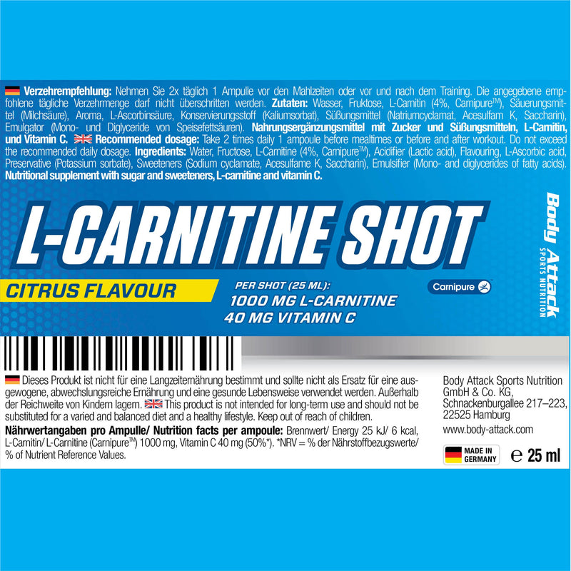 Body Attack L-Carnitine Shot Citrus, 20 X 25 Ml, Made In Germany, 25 Ml/One Serving, 1000 Mg L-Carnitine, 100% Pure & Vegan, High-Quality Carnipure, 40 Mg Vitamin C - NewNest Australia