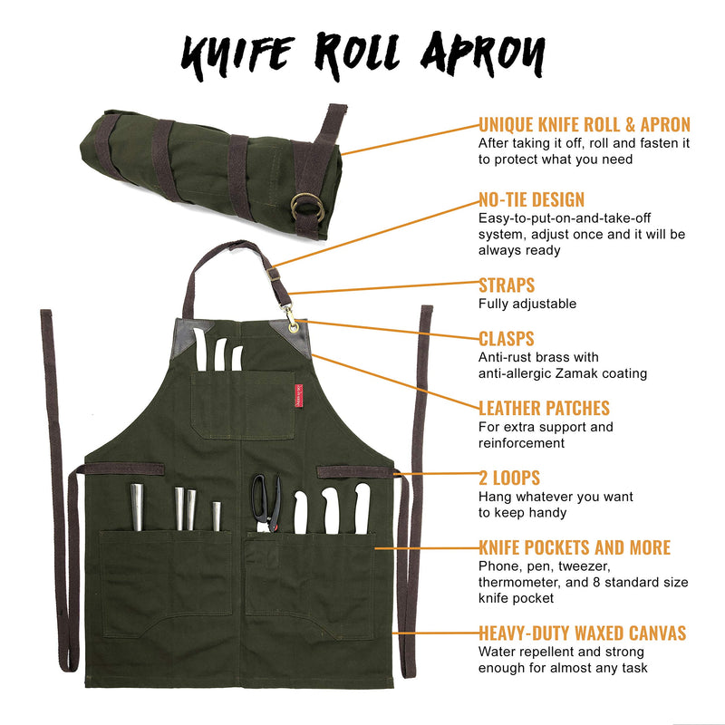 Under NY Sky Knife-Roll Forest Green Apron – Heavy-Duty Canvas, Leather Reinforcement – Adjustable for Men and Women – Pro Chef, Barbecue, Butcher, Bartender, Woodworker, Tool Aprons - NewNest Australia