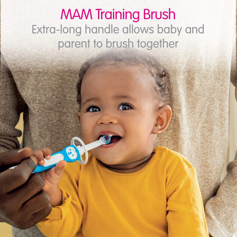 MAM Learn to Brush Set (1 Baby's Brush Toothbrush, 1 Training Brush, 1 Safety Shield), Baby Toothbrushes with Brushy The Bear, Interactive App, for Boys 5+ Months, Blue - NewNest Australia