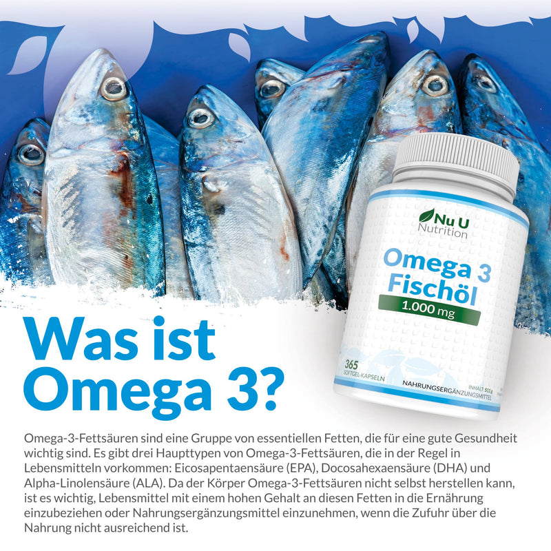 Omega 3 Fish Oil 1000mg - 365 Softgel Capsules - Pure Fish Oil from Sustainable Fishing - 900mg EPA & DHA per dose - Nu U Nutrition - NewNest Australia