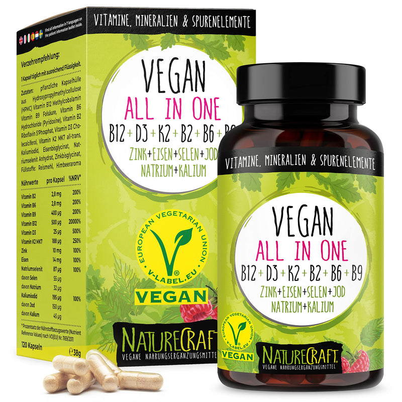 Vegan All-in-One - Vitamin B12+D3+K2+B2+B6+B9 Folic Acid + Zinc + Iron + Selenium + Sodium + Potassium + Iodine - Complex with 120 capsules (4 month supply) - NewNest Australia