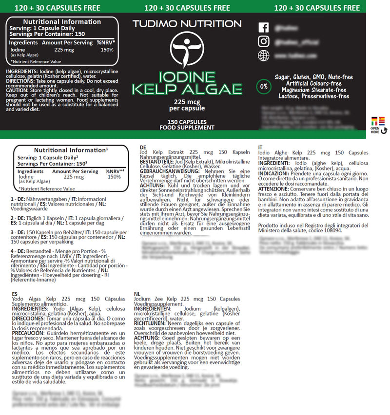 Iodine Kelp Algae Extract Capsules 225 mcg - 150 pieces (5 month supply) of quick-dissolving iodine tablets, each with 225 mcg of high-dose iodine supplement extract powder 150 pieces (pack of 1) - NewNest Australia