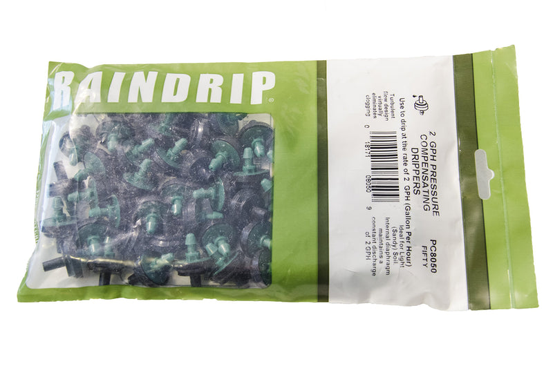 Raindrip PC8050B 2 GPH Pressure Compensating Drippers, 50 Per Bag Maintains Constant Water Flow to Irrigation Line, Green/Black - NewNest Australia