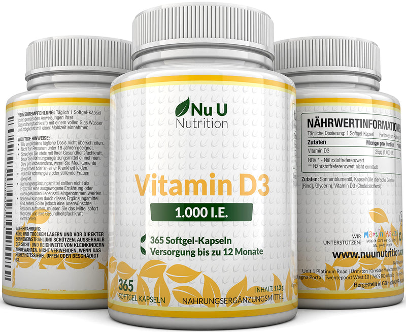 Vitamin D3 1,000 IU high dose | for bones, teeth & immune system | Annual supply | 100% Money Back Guarantee | 365 Softgel Capsules | Dietary supplements from Nu U Nutrition - NewNest Australia