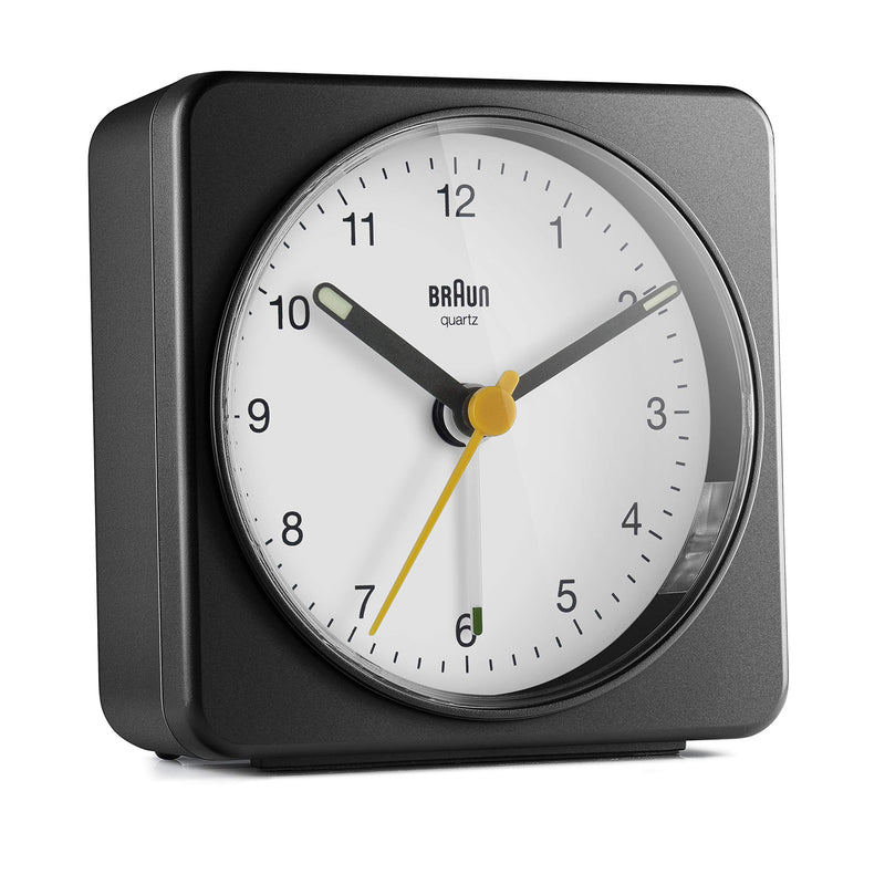 NewNest Australia - Braun Classic Analogue Alarm Clock with Snooze and Light, Quiet Quartz Sweeping Movement, Crescendo Beep Alarm in Black and White, Model BC03BW. 