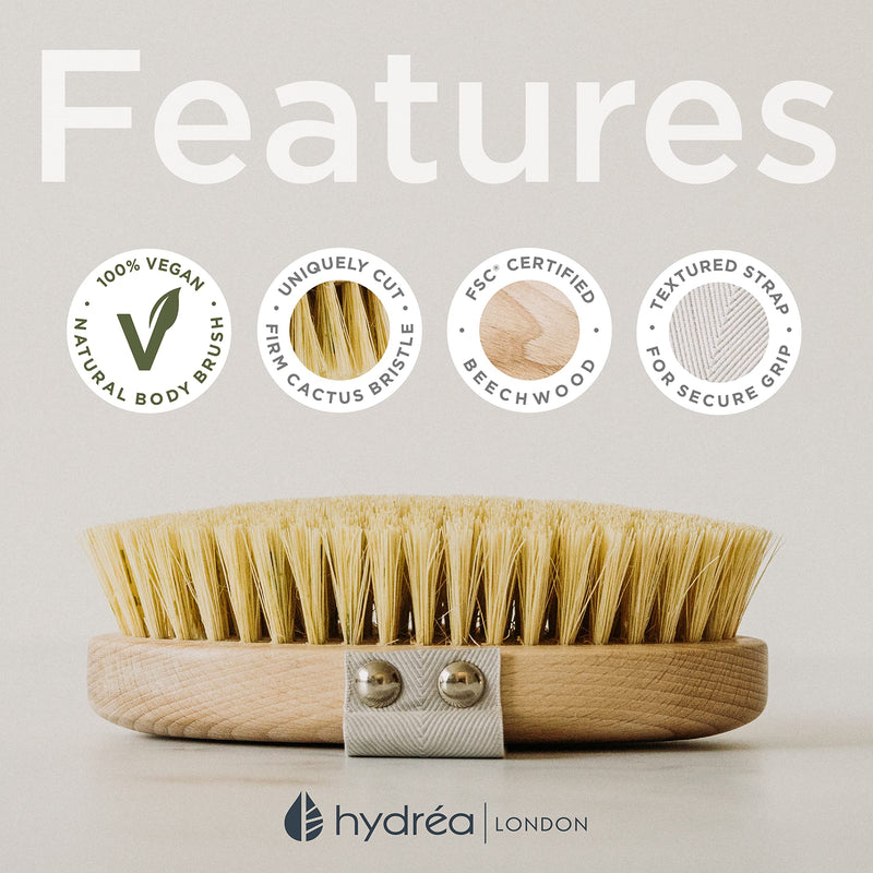 Hydrea London Body Brush - Exfoliating Dry Scrubber, Cellulite Remover, & Skin Exfoliator, Helps Improve Lymphatic Flow - 100% Vegan, FSC® Certified Beechwood, & Natural Cactus Bristle Body Brush Only - NewNest Australia