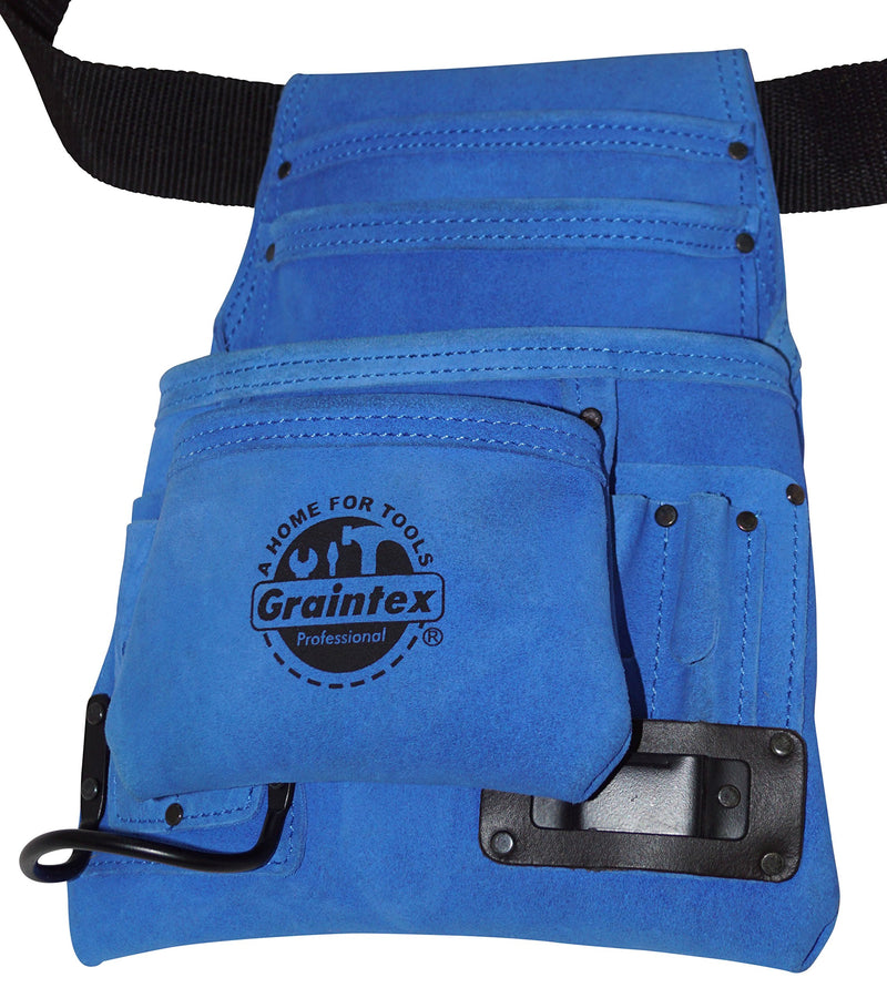 Graintex SS2138 10 Pocket Nail & Tool Pouch Blue Color Suede Leather with 2” Webbing Belt for Constructors, Electricians, Plumbers, Handymen - NewNest Australia