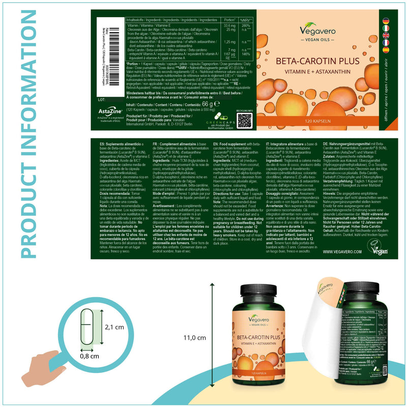 Beta Carotene Tanning Capsules | with astaxanthin + vitamin E | Premium raw materials: Lucarotin® + AstaZine® | No gelatin | Laboratory tested | Without additives | German production Vegavero® - NewNest Australia