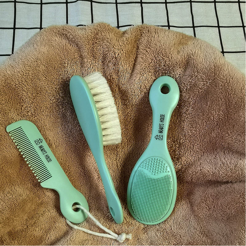 BRADYS HOUSE - 3 Piece Baby Hair Brush & Comb Set for Newborns- Soft Goat Bristle Hair-Brush, Silicone Bath Brush and Plastic Comb for Infant, Toddler, Kids - Baby - NewNest Australia