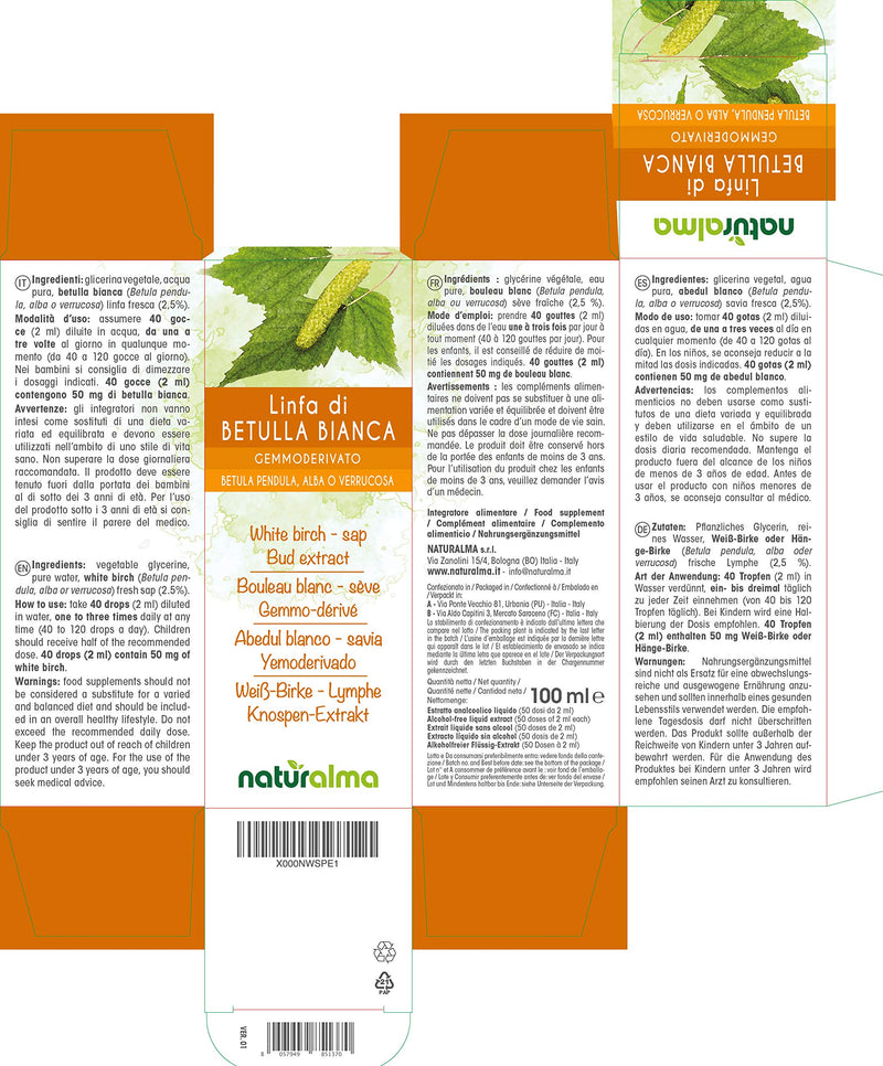 White Birch (Betula pendula, alba or verrucosa) Alcohol-Free Bud Extract from Fresh sap NATURALMA | Liquid Drops 100 ml | Food Supplement | Vegan 100 ml (Pack of 1) - NewNest Australia