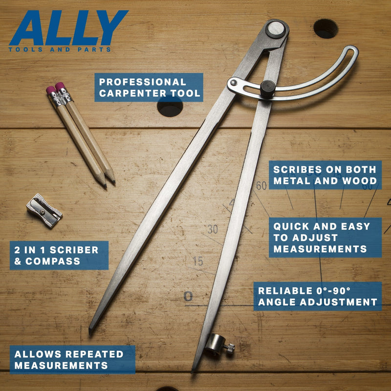 ALLY Tools 12 Inch Precision Wing Divider Scribe Tool/Woodworking Compass with Pencil Holder INCLUDES Two Pencils and Pencil Sharpener Ideal for Drawing Circles, Geometry, Metal, Wood and Leather - NewNest Australia