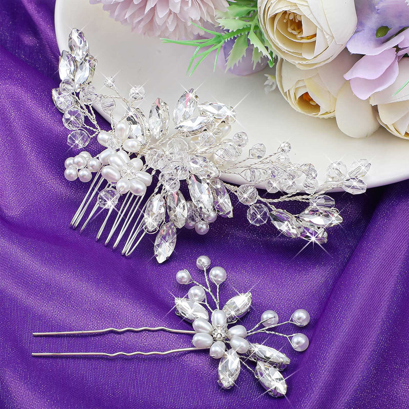 5 Pieces Pearl Wedding Hair Side Comb Crystal Bride Wedding Hair Comb U-shaped Bride Wedding Hair Pins Rhinestone Hair Accessories Pearl Flower Hair Comb for Women and Girls (Silver) - NewNest Australia