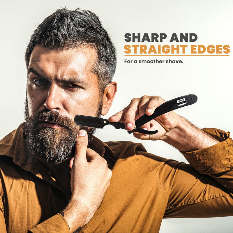 Utopia Care Professional Barber Straight Edge Razor Safety with 100-Pack Derby Blades - 100 Percent Stainless Steel (Black) Black - NewNest Australia