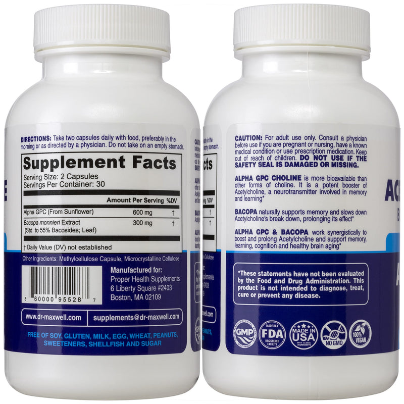 Acetylcholine, Alpha GPC Choline 600mg + Bacopa, Better Than Each Alone. More Reliable Acetylcholine (Responsible for Memory & Learning) Supplement, Dual Action Unlike Competitors. Best Choline Form - NewNest Australia