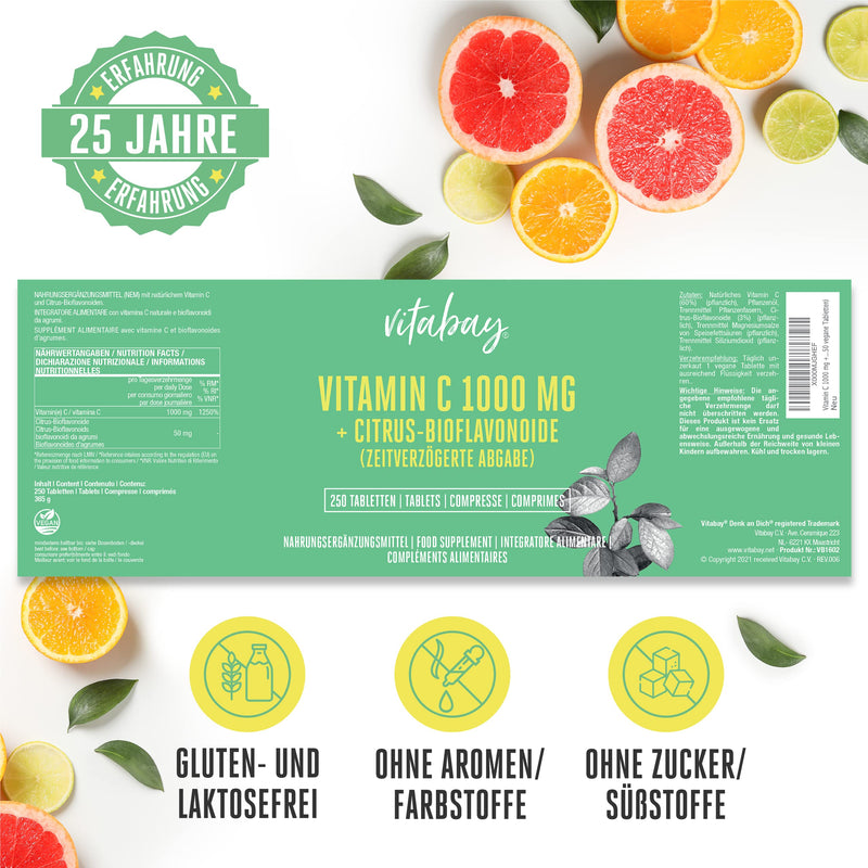 Vitabay Vitamin C high dose 1000mg + bioflavonoids VEGAN - 250 ascorbic acid vitamin C tablets natural vitamin C buffered 1000mg - high dose buffered vitamin C capsules C+ natural 250 pieces (pack of 1) - NewNest Australia
