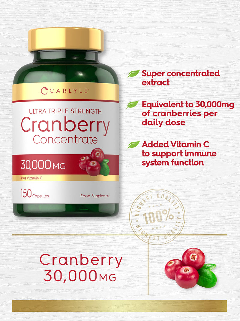 Triple Strength Cranberry 30,000mg Plus Vitamin C | 150 Capsules | High Strength Daily Supplement | Fast Acting | UTI Support for Men & Women | No Artificial Preservatives | by Carlyle - NewNest Australia