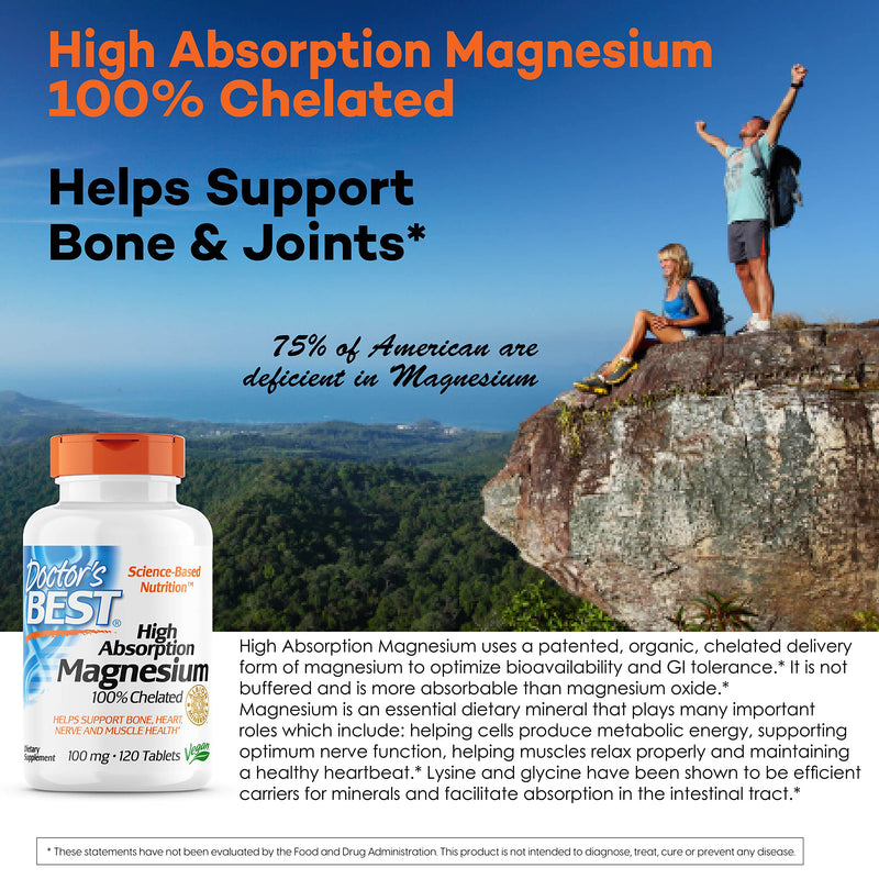 Doctor's Best High Absorption Magnesium Glycinate Lysinate, 100% Chelated, TRACCS, Not Buffered, Non-GMO, Vegan, Gluten & Soy Free, 100 mg, 120 Tablets - NewNest Australia