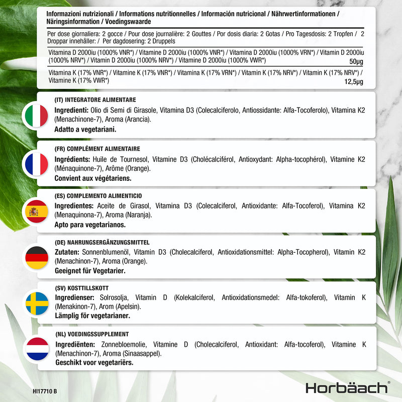 Vitamin D3 K2 drops high dose | 60ml | 2000 IU D3 + 12.5 mcg K2 MK7 | Liquid drops | Bone Health and Immune Support | by Horbaach - NewNest Australia