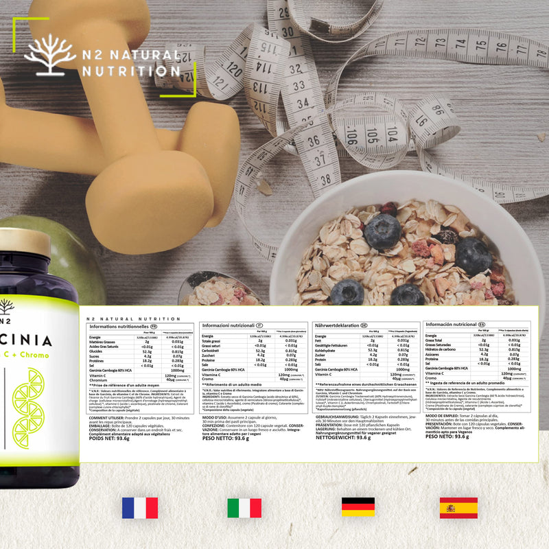 Garcinia Cambogia High-Dose Capsules, Vitamin C, Chromium. Appetite Suppressant, Fat Burner, Weight Loss, Hca 60%. 120 Herbal Capsules. Vegan Certified. N2 Natural Nutrition - NewNest Australia